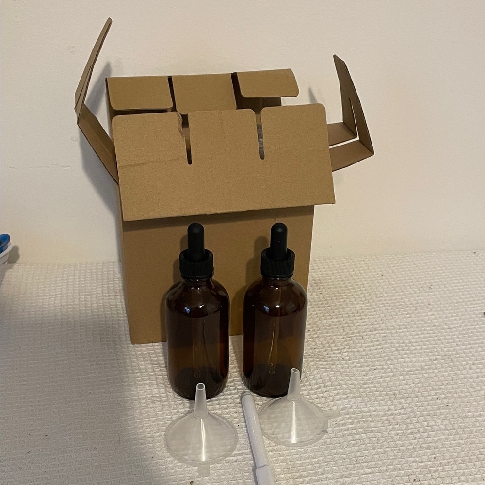 NIB Amber Dropper Bottles with Funnels and pen 3 oz bottles possibly